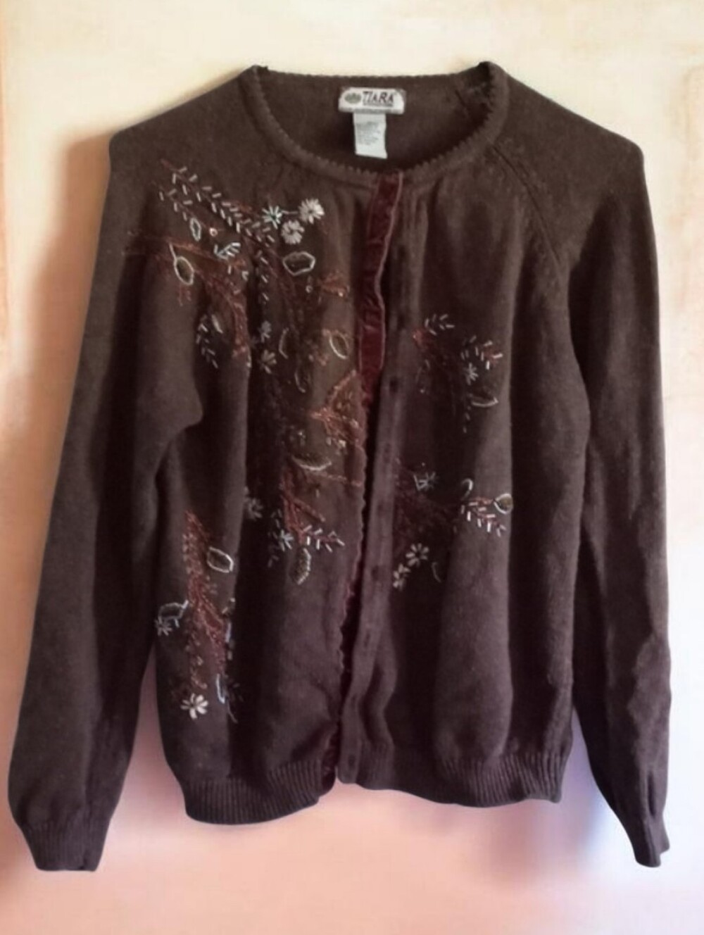TIARA International Rich Brown Beads Embroidery Velvet Facing Cardigan-Size: M - Picture 14 of 15